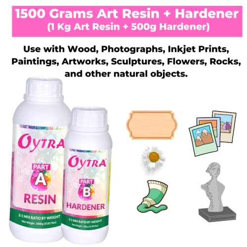 Oytra Art Resin Hardener Epoxy Kit 1.5 KG 2:1 Smooth Ultra Clear Finish for Beginners Artists and Professionals for Wood and Paintings as Liquid Glass Marble Flooring and Tabletop