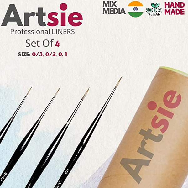 ARTSIE Standard Size Short Liner/Detailing Paint Brush Set with Brush Holder for Professional Artist Miniature Premium Handmade Paintbrush Set for Acrylic, Watercolor & Gouache Painting Set of 4