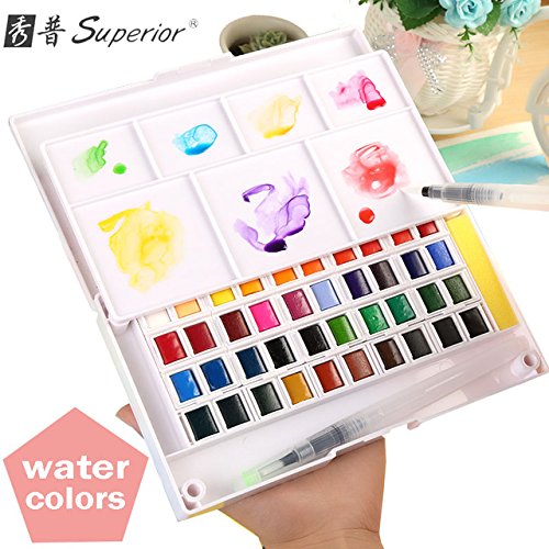 Asint Watercolor Paint with Paintbrush Portable Solid Water Color Paints Pigment Set for School Art Supplies-Set of 36