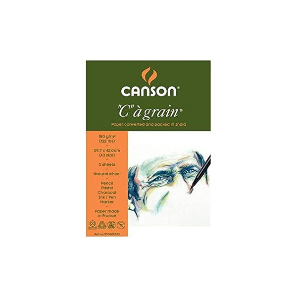 Canson C à Grain Drawing 180 GSM Fine Grain 29.7x42cm; A3 Paper Sheets (Natural White, 5 Sheets)