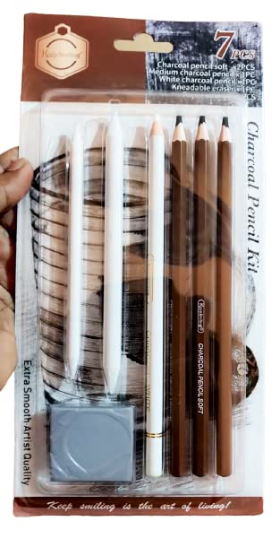 Charcoal Pencils Kit Set of 7 (White Charcoal Pencils 1, 2 Stumps & 1 Kneadable Eraser,3 Black Charcoal Pencils)