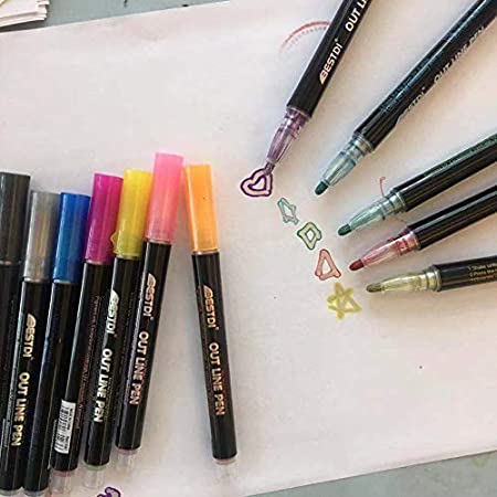 Glitter Artist Pens Bestdi Outline Pen Pigment Markers 12 Colors Artist Pens Markers Self-Outline Metallic Markers Glitter Writing