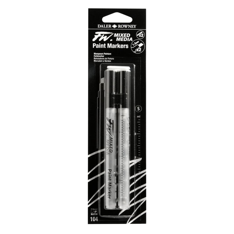 Daler-Rowney FW 1-3mm Mixed Media Paint Marker Set (2 x Small Barrels, Empty Marker, Refillable, Chisel Nibs, 104 Small)