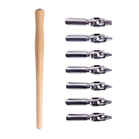 calligraphy nib 8 Pcs Set 7 Calligraphy Dip Pen Set Nibs, 1 Lacquered Wooden Handle and 1 Plastic Case for Nibs Suitable for All Calligraphic Writing Styles