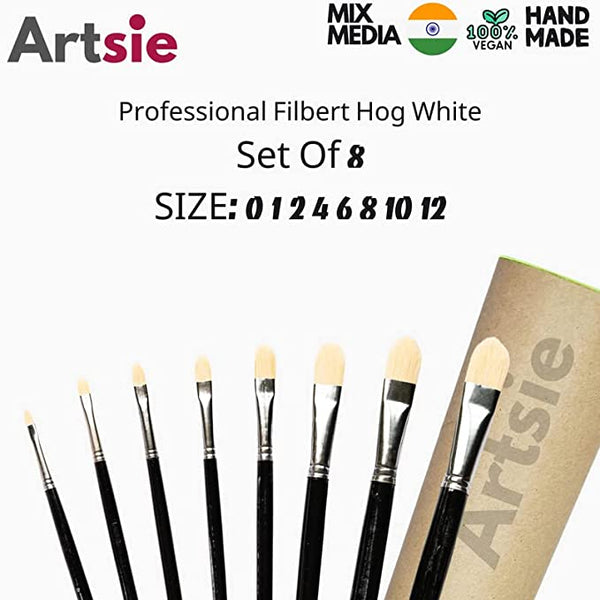 ARTSIE Handmade Artists' HOG Filbert Paint Brush Set with Brush Holder for Professional Artist Miniature Premium Paintbrush Set for Acrylic, Watercolor & Gouache Painting Set of 8(Cruelty Free)