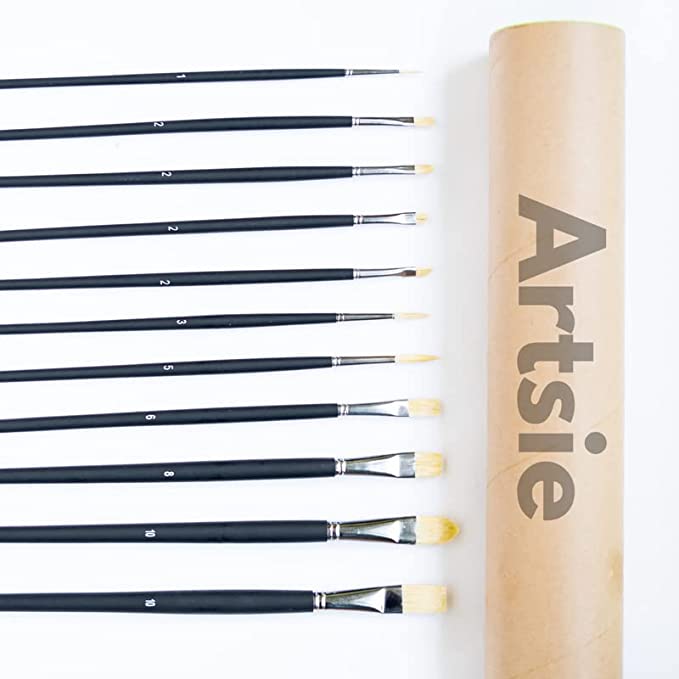 Artsie Artists’ Mix Hog White Brush Set of 11, Long Handle, Oil, Acrylic Natural White Filtered Hog Handmade, Artists' Quality with Brush Holder for Professional Artist Premium Handmade Paintbrush Set