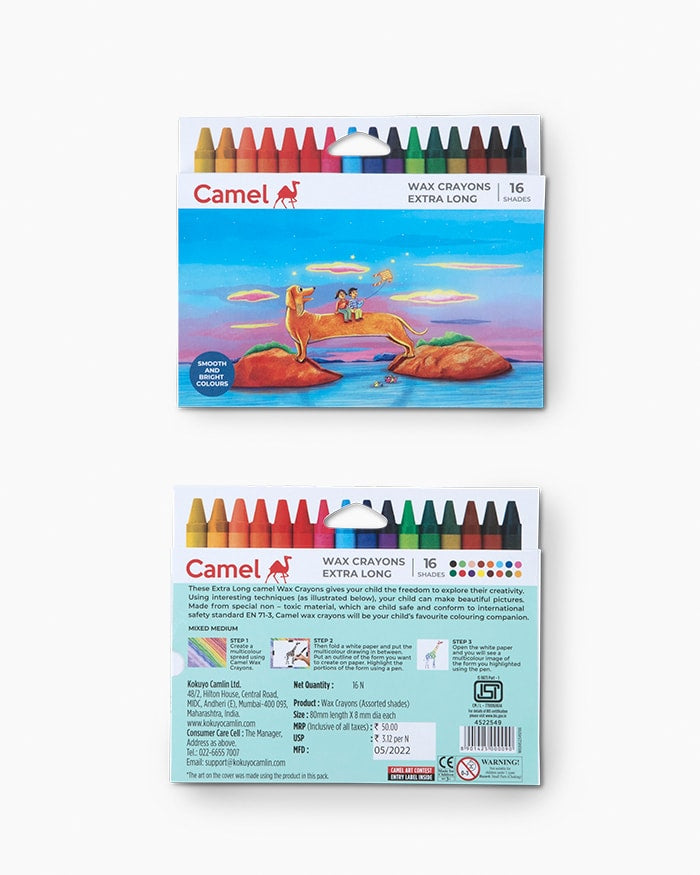 Camel Wax Crayons: Assorted Pack of 16 Shades, Extra Long, Pack of 2