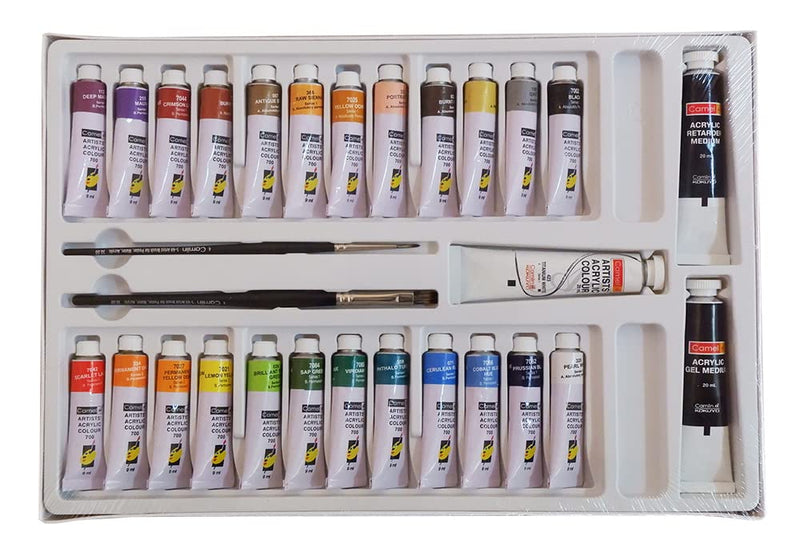Camel Artist Acrylic Colours Assorted Pack of 24 Shades in 9ml, 1 Shade in 20ml with Mediums and Brushes