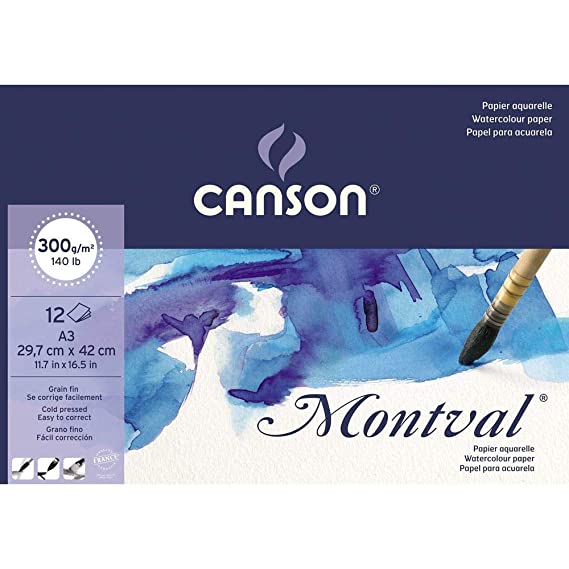 Canson Montval Watercolour 300 GSM Cold Pressed 29.7x42cm, A3 Paper Pad(White, 12 Sheets)
