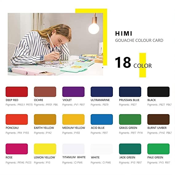 HIMI Gouache Paint Set, 18 Colours, 30 ml Jelly cups, with Palette, Non Toxic Paint for Paper and Canvas, Art Paint Set For Professionals, Case (Green)