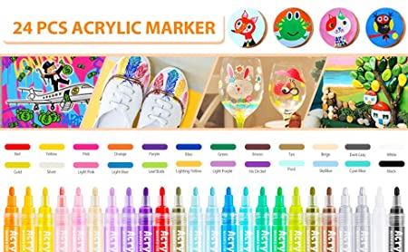 Touch cool 24 Pack Acrylic Paint Marker Pens for Art, Rocks, Painting, Wood, Fabric, Plastic, Canvas, Glass, Mugs, DIY Craft, School Supplies