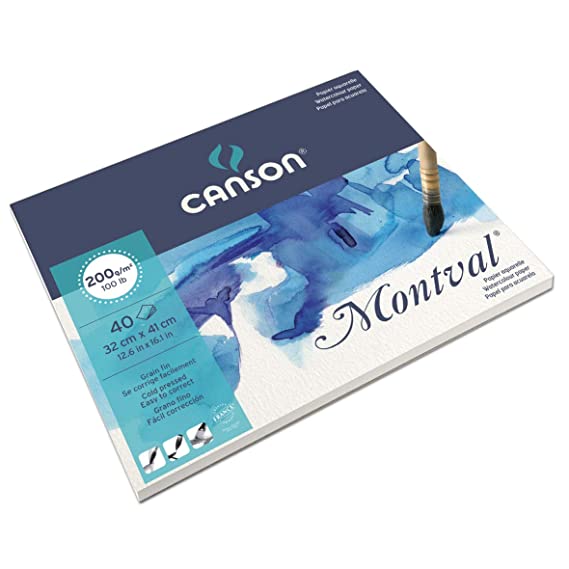 Canson Montval 32x41cm Natural White Cold Pressed 200 GSM Watercolour Paper, Long Side Glued (Pad of 40 Sheets)