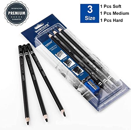 Artist Charcoal Pencils Set - 3 Pieces Soft Medium and Hard Drawing Pencils for Sketching, Shading, Beginners (1 Piece Sharpener Include)