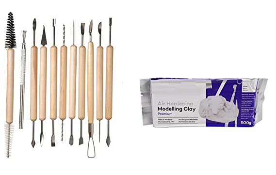 KDS Art Clay for Professional Modellers & Artists White Air Hardening 24 Hrs Slow Drying Clay (500 Grams) with 11 Professional Sculpting Tools