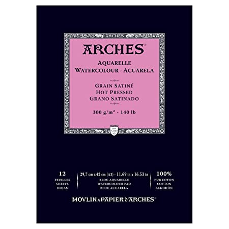 Arches Watercolour- Aquarelle - A3 (29.7 cm x 42 cm) Natural White Satin Grain/Hot Press 300 GSM Paper, Short Side Glued Pad of 12 Sheets