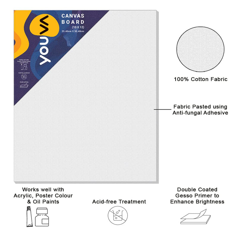 Navneet Youva Cotton White Blank Canvas Boards for Painting, Acrylic Paint, Oil Paint Dry & Wet Art Media 25.4 cm x 30.48 cm - 10 inch x 12 inch (Pack of 3)