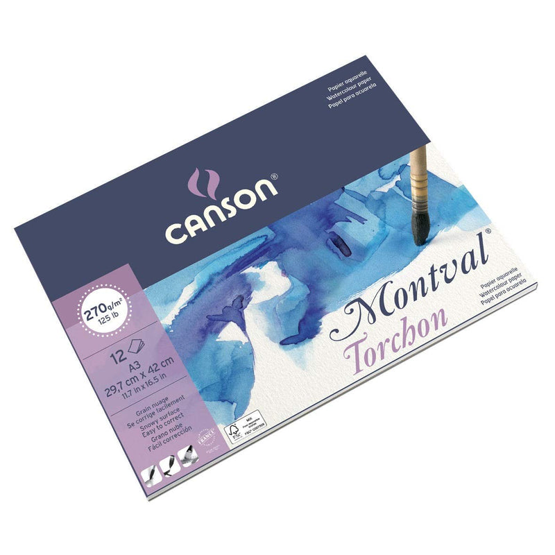 Canson Montval A3, 29.7x42cm Natural White Snowy Grain 270 GSM Watercolour Paper, Short Side Glued (Pad of 12 Sheets)