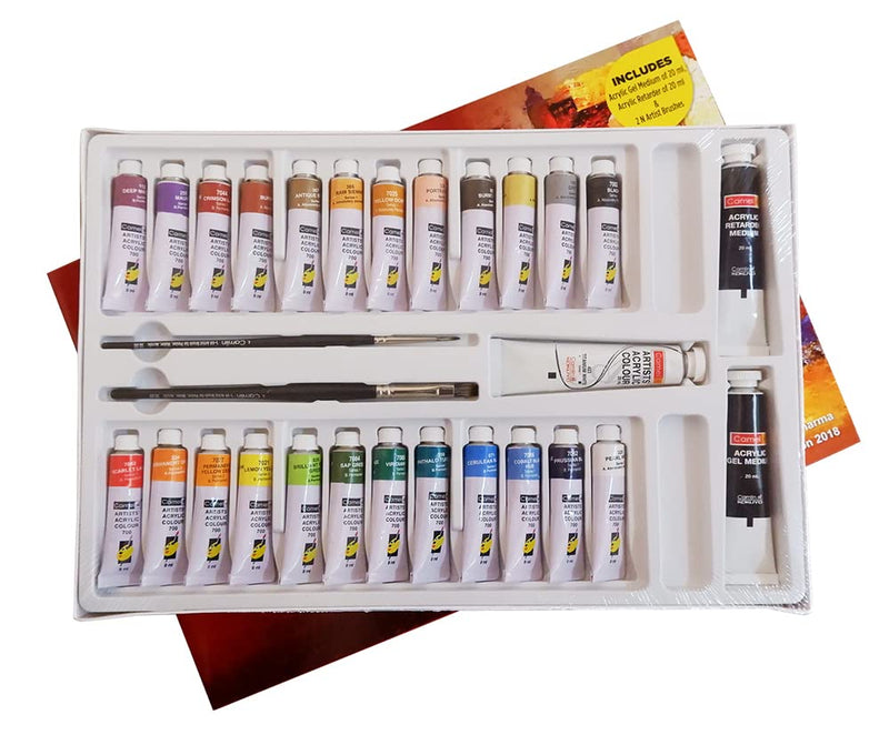Camel Artist Acrylic Colours Assorted Pack of 24 Shades in 9ml, 1 Shade in 20ml with Mediums and Brushes