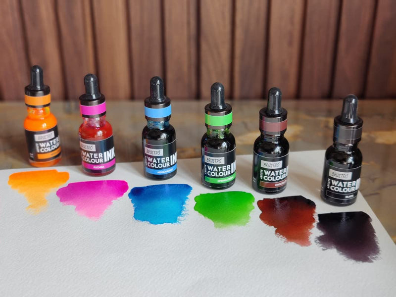 Brustro Watercolour Ink Set A of 6 x 15ml (6 Shades i.e. Fuchsia, Neon Orange, Aquamarine, Spring Green, Chocolate, Black)