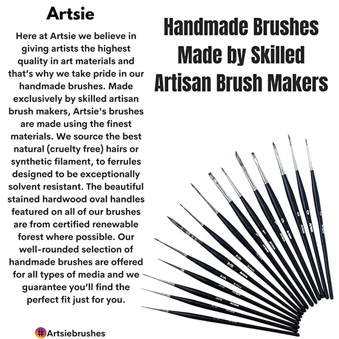 Artsie Vegan Handmade Mini Detailer, Miniature, Liner, Miniliners Brush Set of 15 Vegan , Handmade, Artists' Quality for Professional Artist Premium Handmade Paintbrush Set