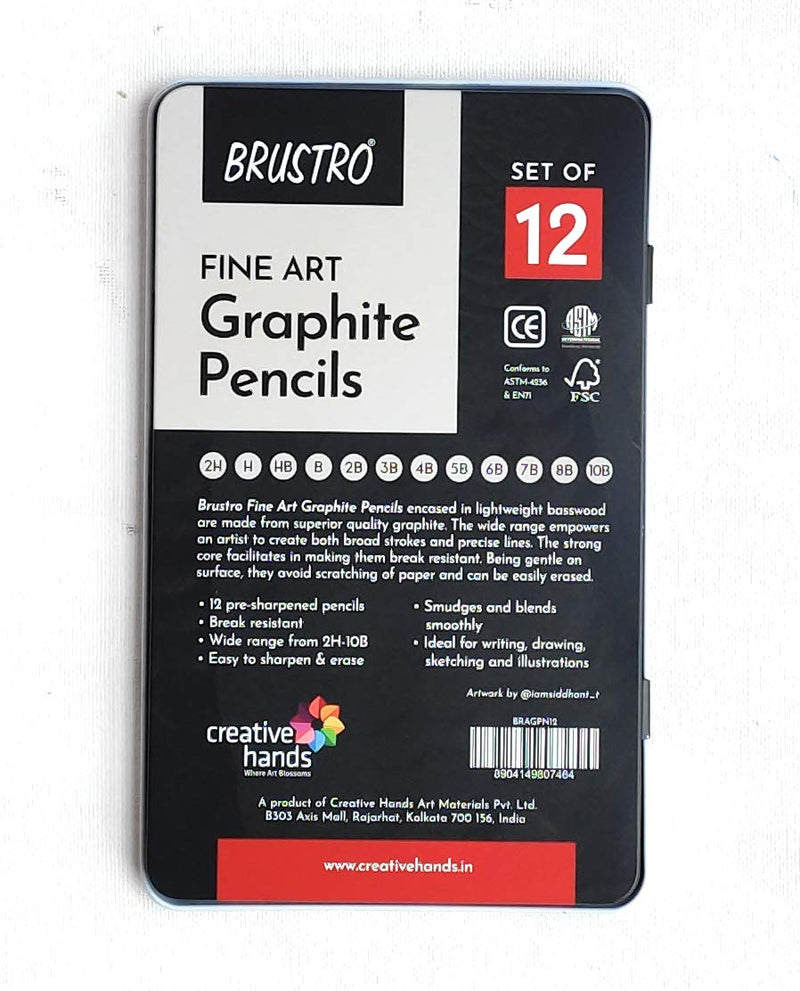 Brustro Artists Fineart Graphite Pencil Set of 12 (10B-2H) with Elegant Tin Box