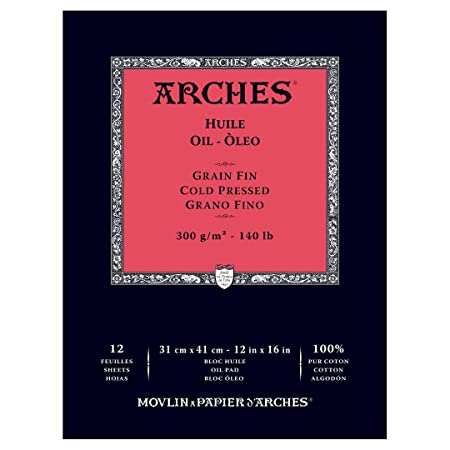 Arches Oil- Huile - 31 cm x 41 cm White Fine Grain/Cold Press 300 GSM Paper, Short Side Glued Pad of 12 Sheets