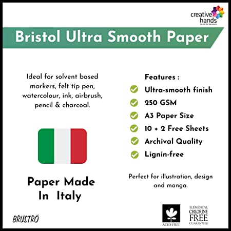Brustro Ultra Smooth Bristol A3 Size Sheets, 250 GSM (Pack of 10 + 2 Free Sheets)