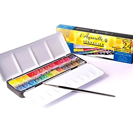 Sennelier Aquarelle French Artists’ Watercolor Set With 1 brush – Metal Box of 24 Half Pans