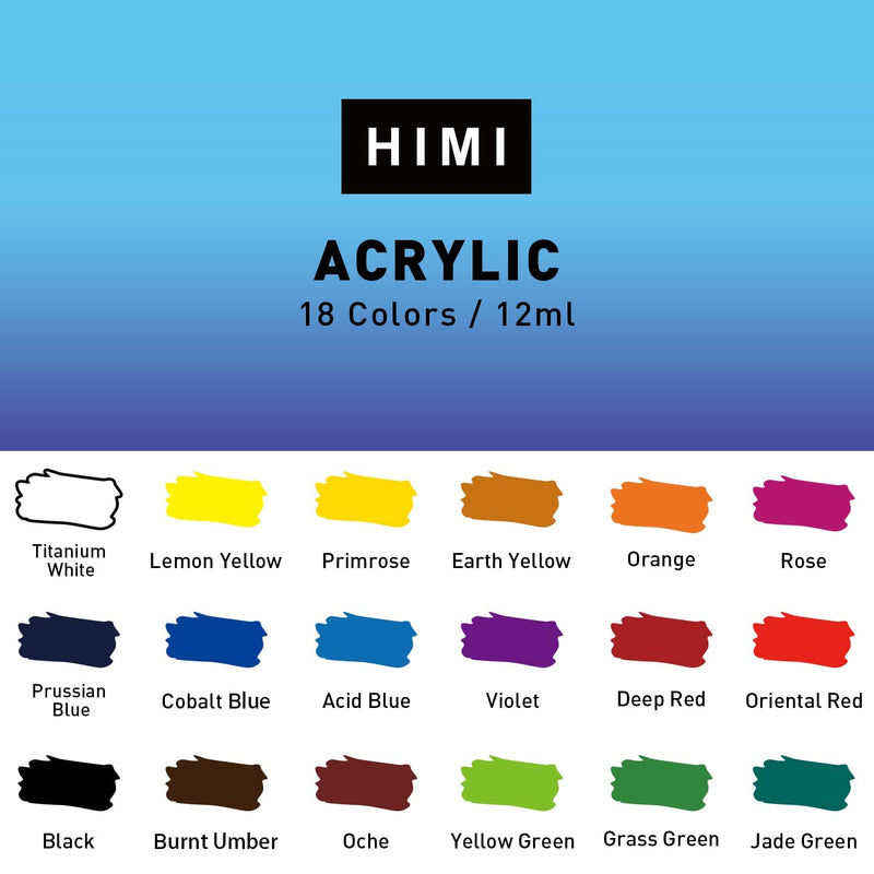 HIMI Acrylic Paint, Set of 18 Tubes of (12 ML) Art Set for Adults and Kids, Painting on Canvas Panels, River Rocks, Glass, Wood, Fabric, Ceramic