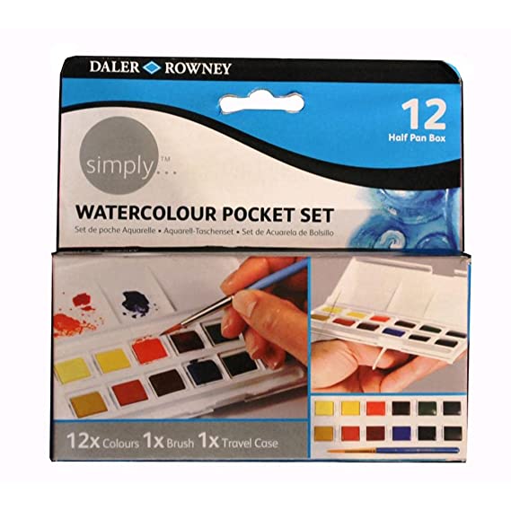 Daler Rowney Simply Water Colour Pocket Set with 1 Brush & 1 Travel Case (12 x Colours, Multicolor)