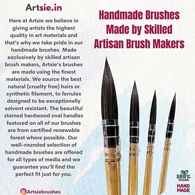 ARTSIE Handmade Soft Aqua Long Synthetic Hair with Stainless Wire Ideal for Art Paint ,Watercolor, Quill ,Oil Acrylics, Artists Calligraphy Pointed MOP Brown Color Vegan Brushes Set of 4