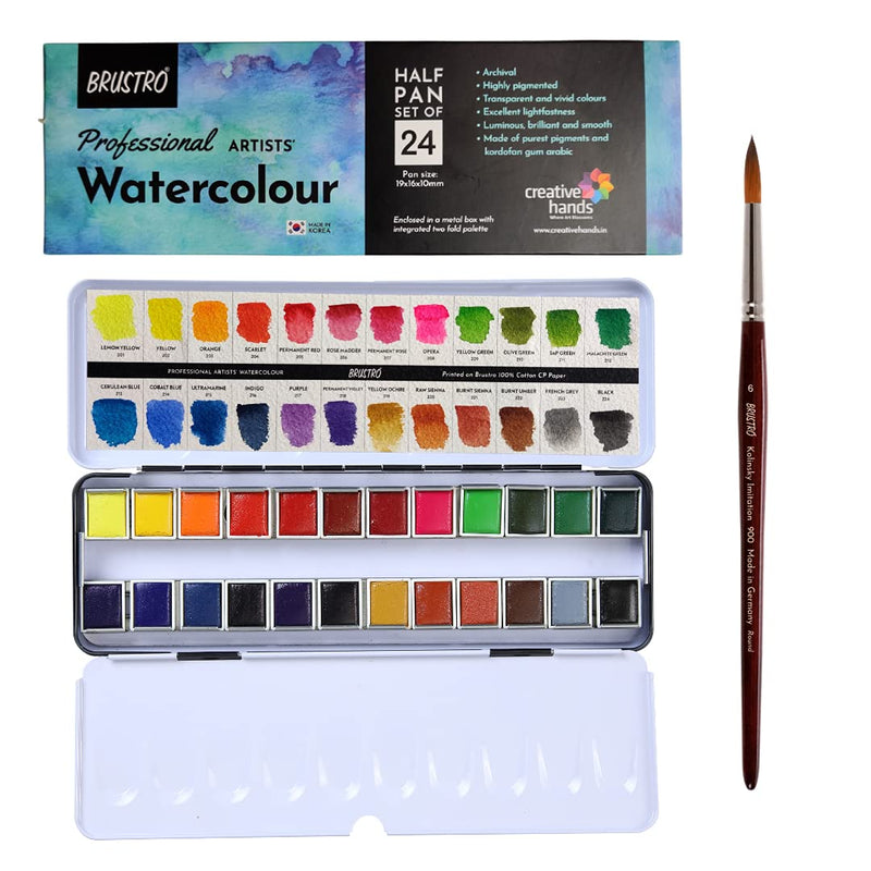 Brustro Professional Artists' Watercolour 24 Half Pan Set with Kolinsky Imitation Round Brush No. 6