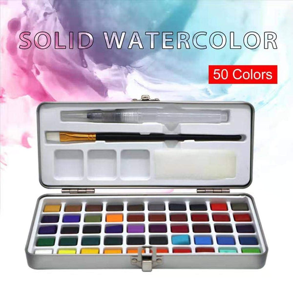 Like It Keep Smiling 50 Colors Solid Pigment Watercolor Paints Set With Water Color Portable Brush Pen Professional Painting Art Supplies Metal Box