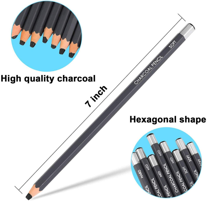 Worison Charcoal Pencils Drawing Set - 12 Pieces Soft Medium and Hard Charcoal Pencils