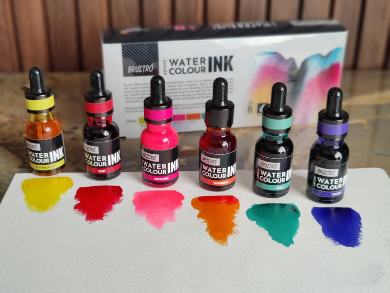 Brustro Watercolour Ink Set B of 6 x 15ml (6 Shades i.e. Butterscotch, Ruby, Neon Pink,Tangerine, Teal, Indigo)