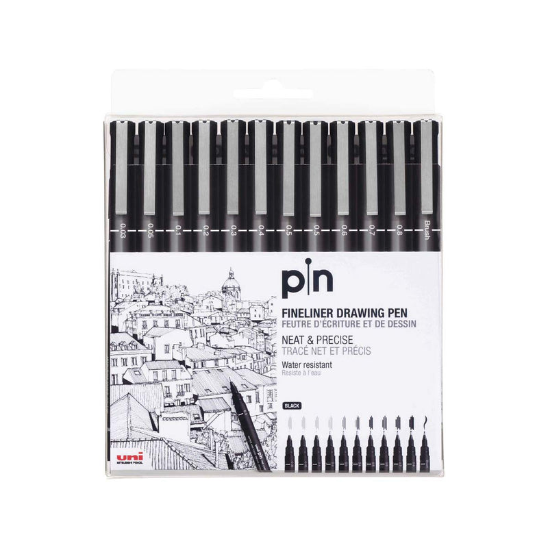 Uniball PIN 200 Fineliner Drawing Pen Set of 12 - 0.03mm to 0.8mm Tips
