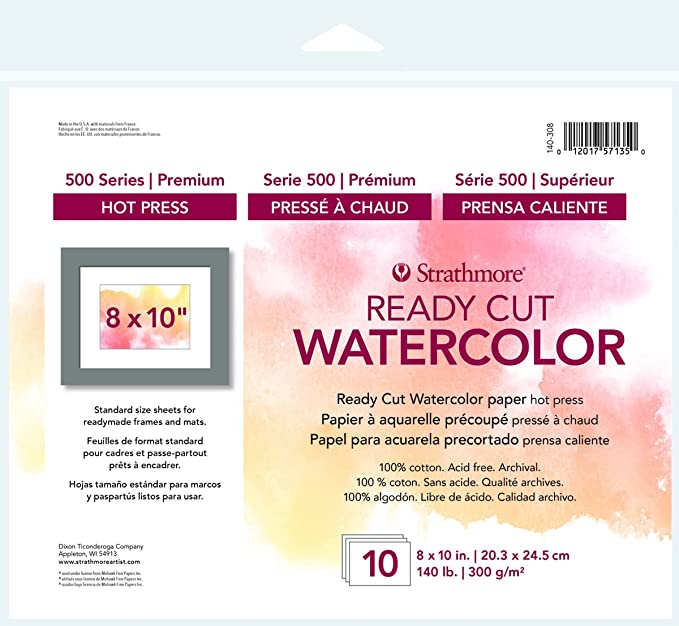 STRATHMORE 500 SERIES WATERCOLOR READY CUT  HP 8X10 Pack 10 Sheets  GSM-300 SIZE-20.32 x 25.40 cm