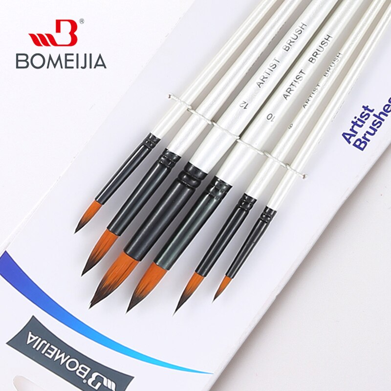 Bomeijia 6 Pieces Professional Fine Tip Paint Brush Set Round Tip Nylon Hair Artist Acrylic Brush for Acrylic Watercolor Oil Painting