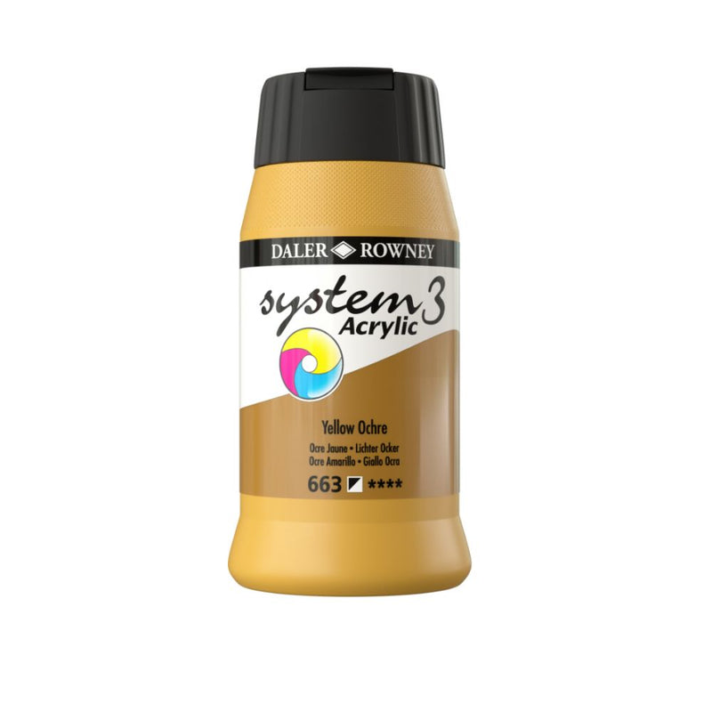 Daler-Rowney System3 Acrylic Colour Paint Plastic Pot (500ml, Yellow Ochre-663) Pack of 1
