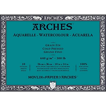 Arches Watercolour- Aquarelle - 26 cm x 36 cm Natural White Fine Grain/Cold Press 640 GSM Paper, 4 Side Glued Pad of 10 Sheets