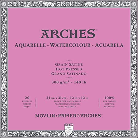 Arches Watercolour- Aquarelle - 31 cm x 31 cm Natural White Satin Grain/Hot Press 300 GSM Paper, 4 Side Glued Pad of 20 Sheets