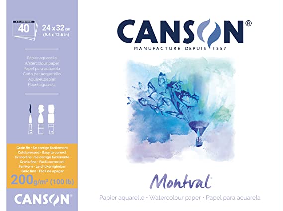 Canson Montval 24x32cm Natural White Cold Pressed 200 GSM Watercolour Paper, Long Side Glued (Pad of 40 Sheets)
