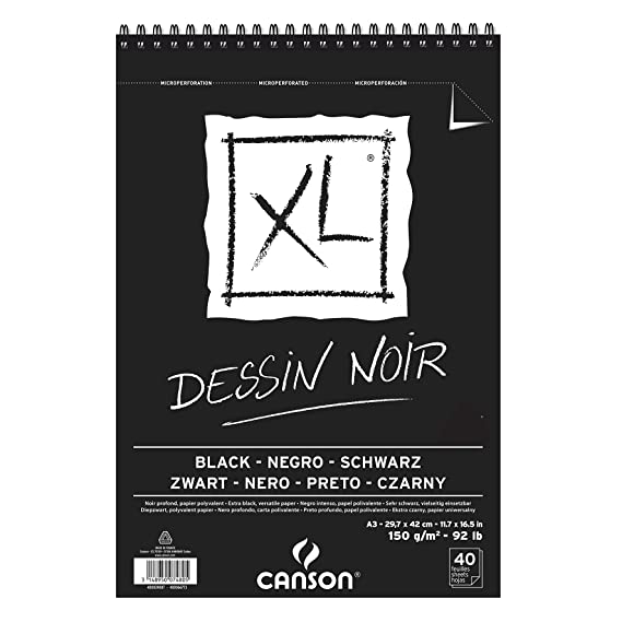 Canson XL Dessin Noir 150 GSM Grained & Smooth A3 Paper Spiral Pad (Deep Black, 40 Sheets)