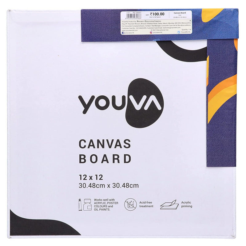 Navneet Youva Cotton White Blank Canvas Boards for Painting, Acrylic Paint, Oil Paint Dry & Wet Art Media 23887 - 12 inch x 12 inch (Pack of 2)