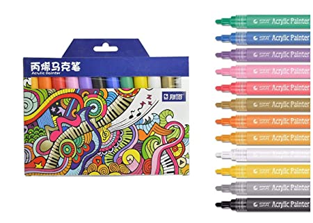 Morfone Acrylic Paint Marker Pens, Morfone Set of 12 Colors Markers Water  Based Paint Pen for Rock Painting,Canvas,Photo Album,DIY Craft,School