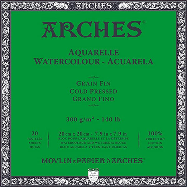 ARCHES Watercolour Cold Pressed Block WHNA 20 Sheet Block GSM 300, Size 20 cm x 20 cm