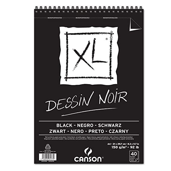 Canson XL Dessin Noir 150 GSM Grained & Smooth 21x29.7cm; A4 Paper Spiral Pad (Deep Black, 40 Sheets)