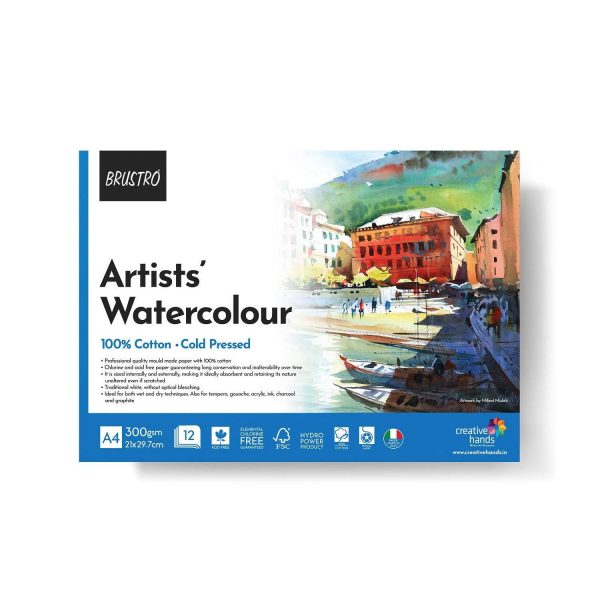 BRUSTRO Artist 100% Cotton Watercolour Pad Cold Pressed 300 GSM A4-12 Sheets