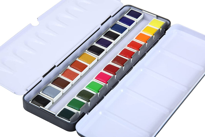 Brustro Professional Artists' Watercolour 24 Half Pan Set with Kolinsky Imitation Round Brush No. 6