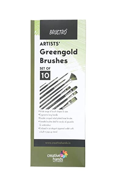 Brustro Artists Greengold Acrylic Brushes Assorted Set of 10. (Comes in an Elegant Black Zippered Wallet)